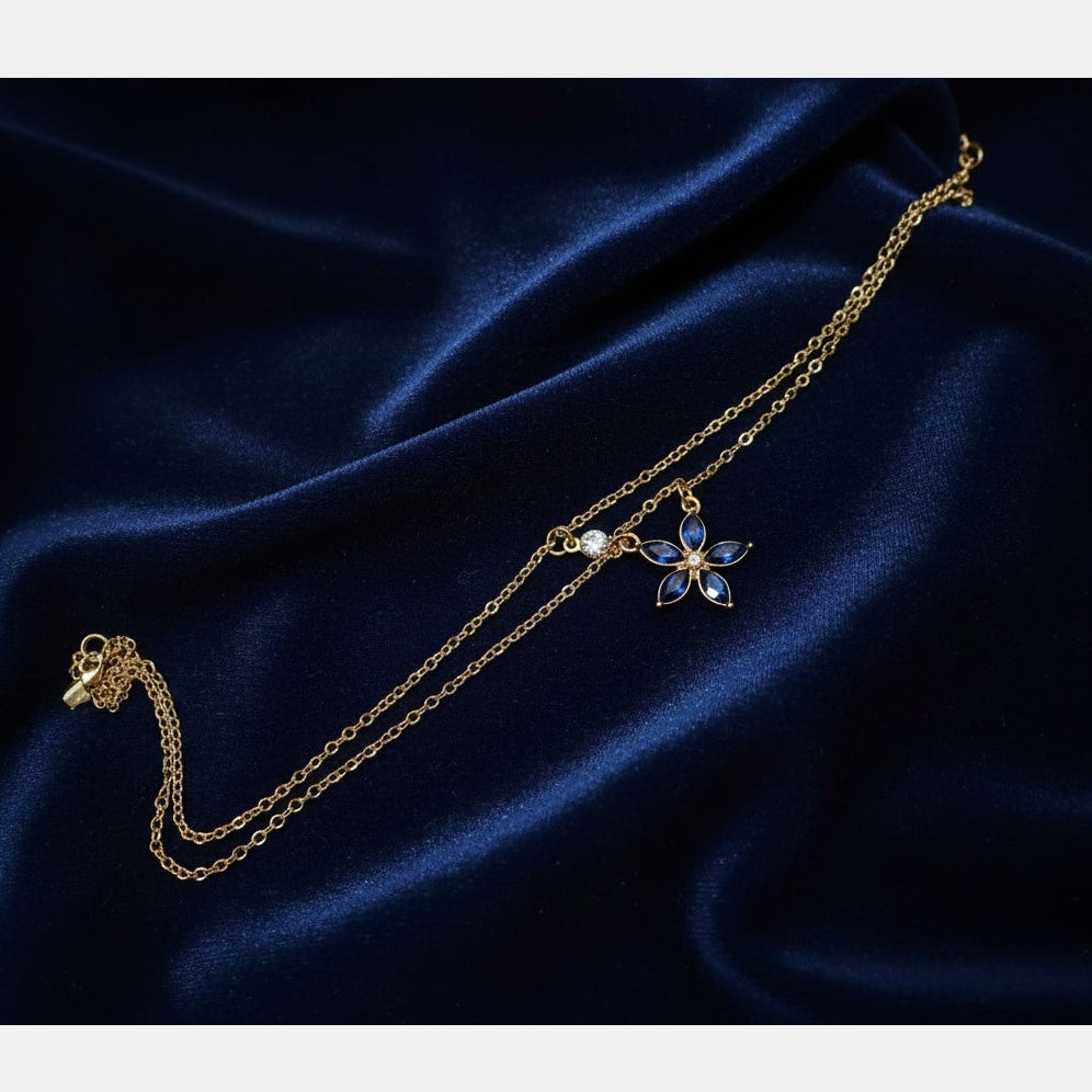 Gold Clear & Blue Diamante Flower Layered Necklace