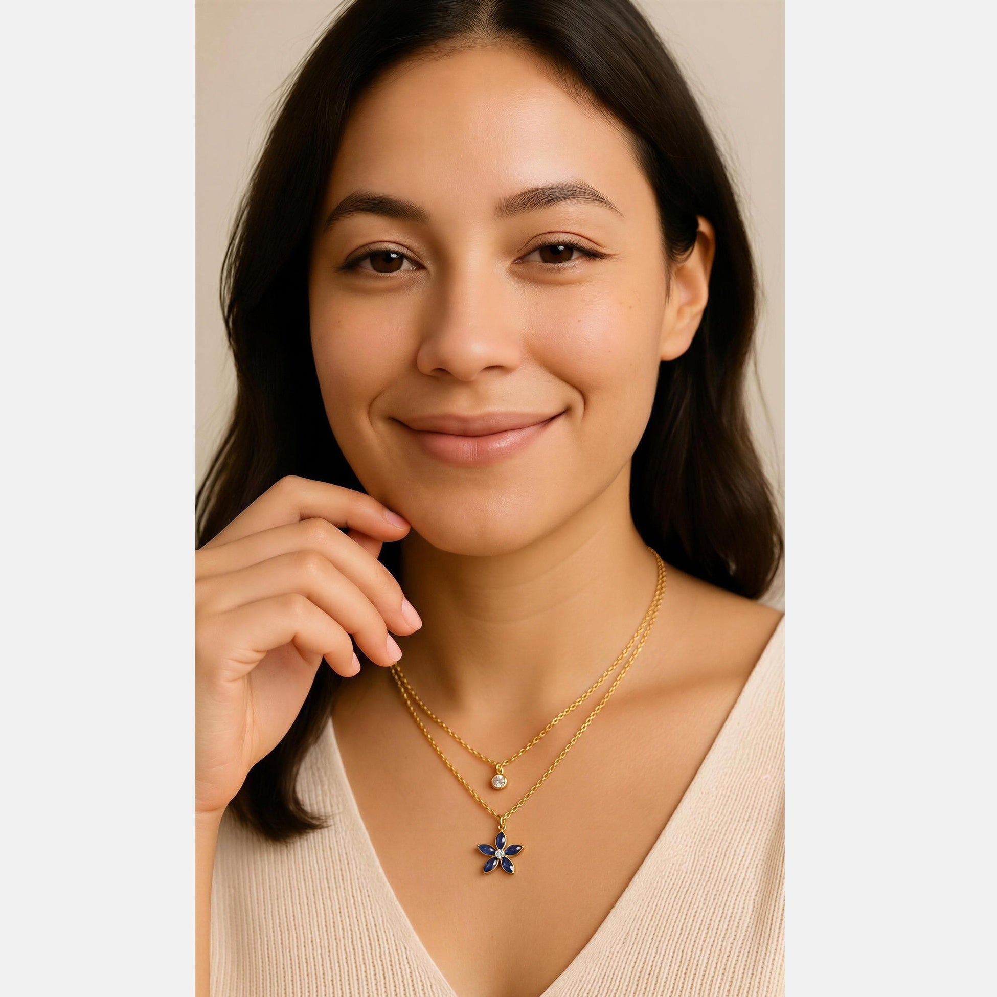 Gold Clear & Blue Diamante Flower Layered Necklace