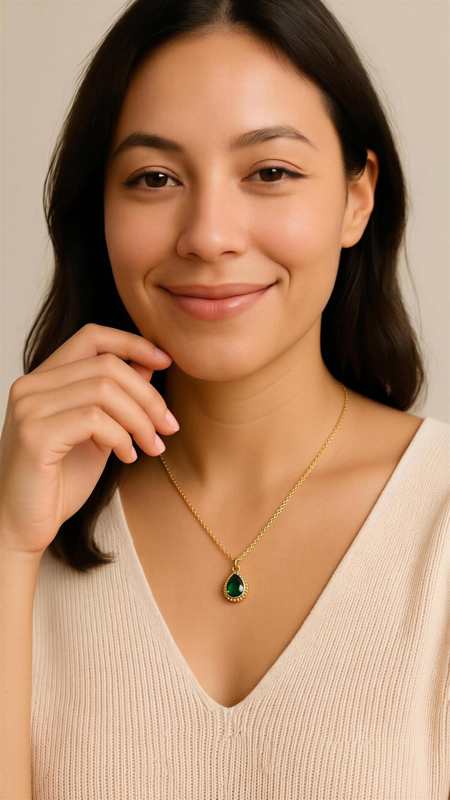 Gold Emerald Diamante teardrop Pendant Necklace