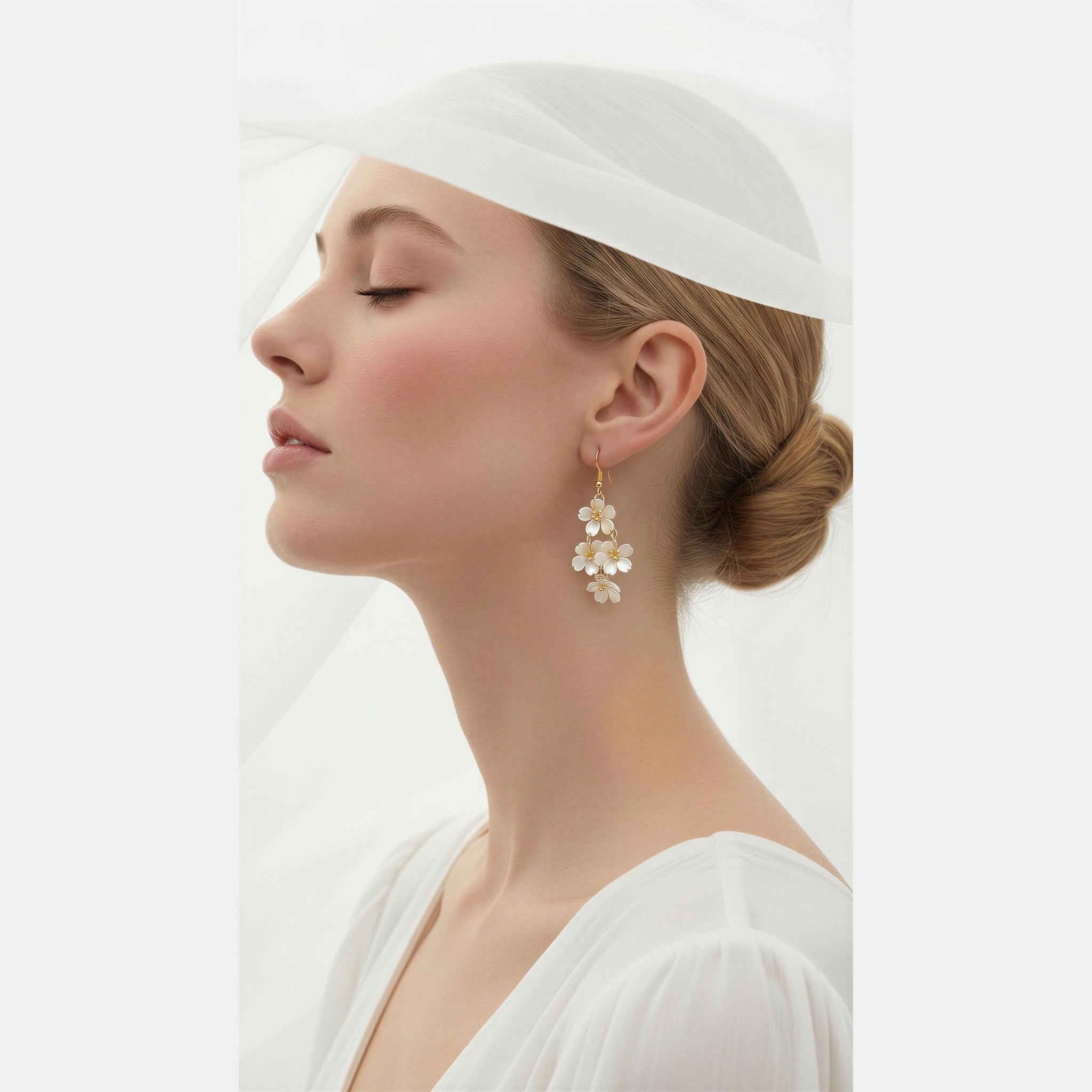 Gold Pearl Flower Vine Drop Earrings