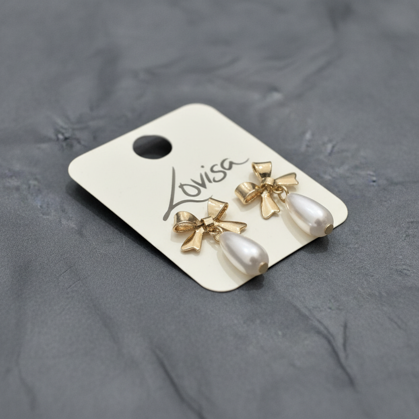 Gold Pearl & Bow Drop Stud Earrings