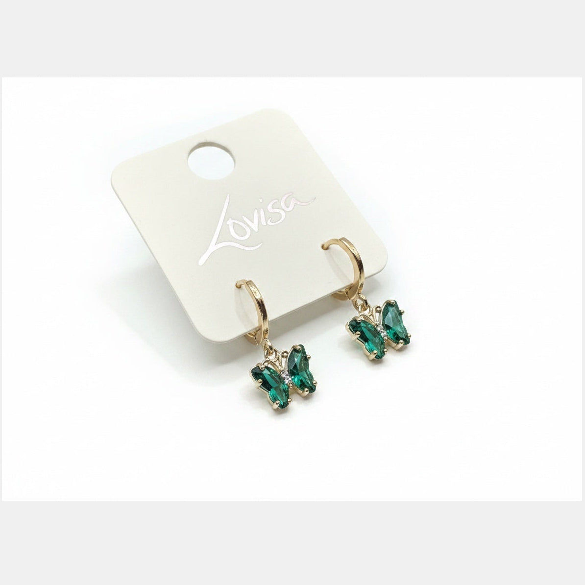 Gold Plated Sterling Silver Green Cubic Zirconia Butterfly Earrings by Lovisa
