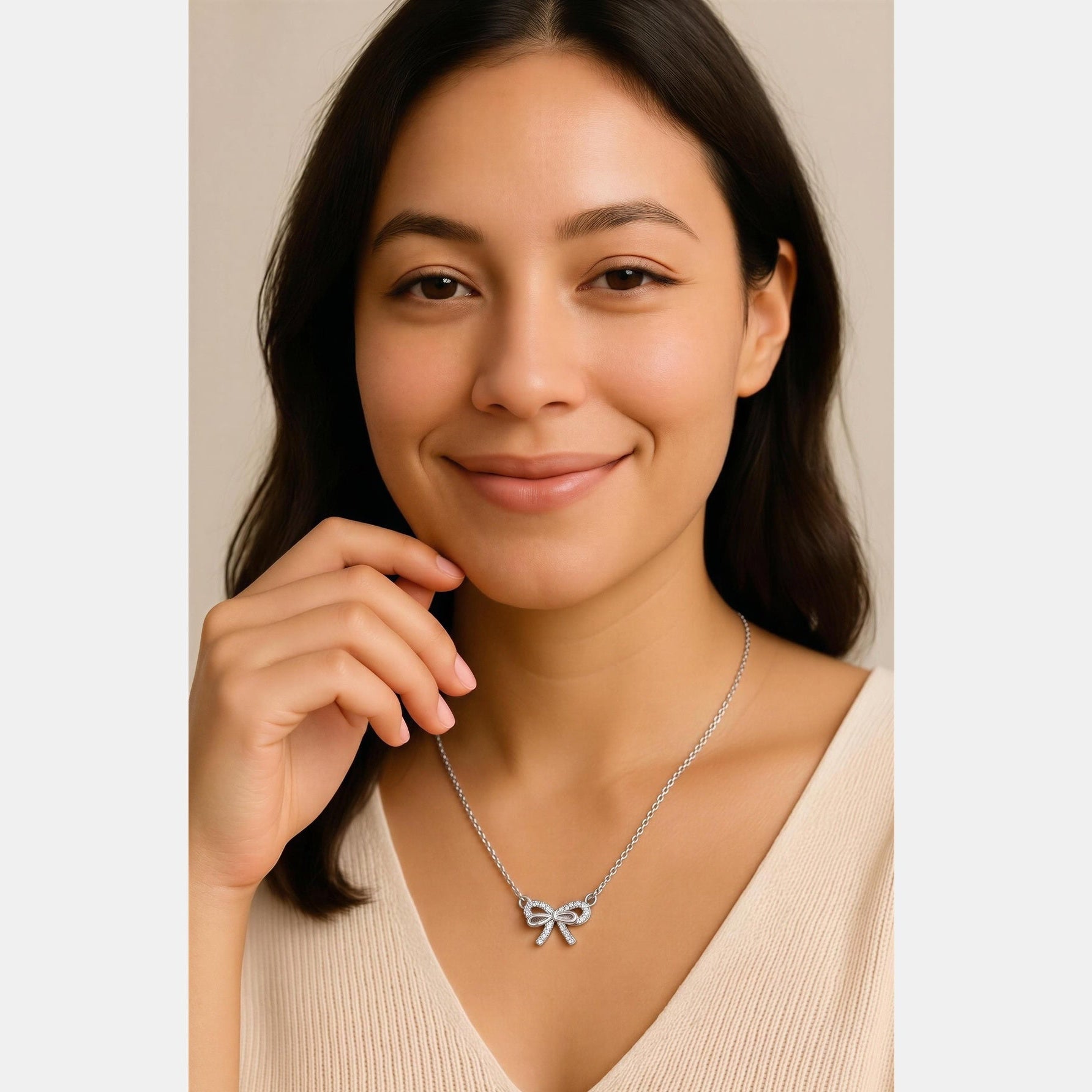Silver Diamante Dainty Bow Necklace