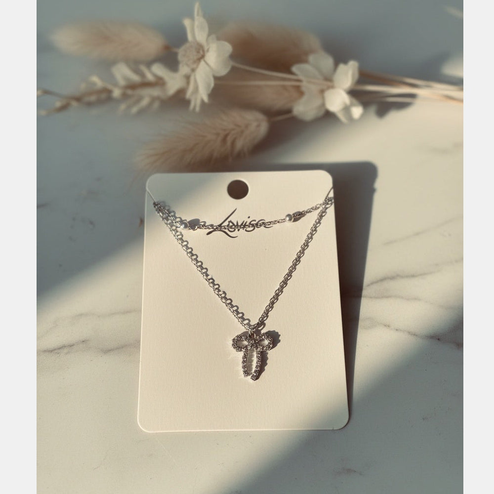 Silver Diamante Dainty Bow Necklace