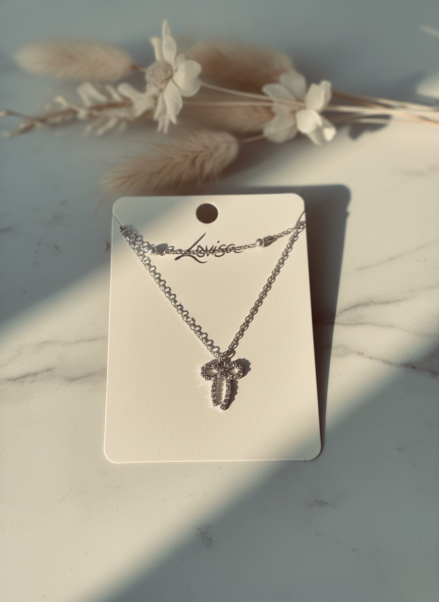 Silver Diamante Dainty Bow Necklace