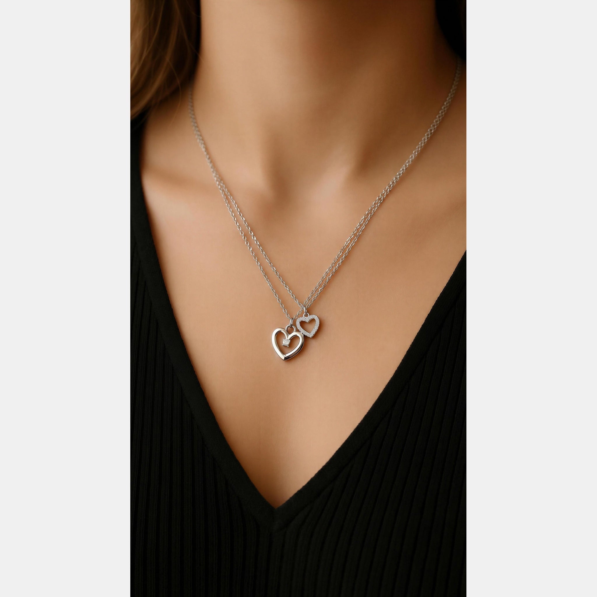 Silver Double Chain Heart Diamante Necklace