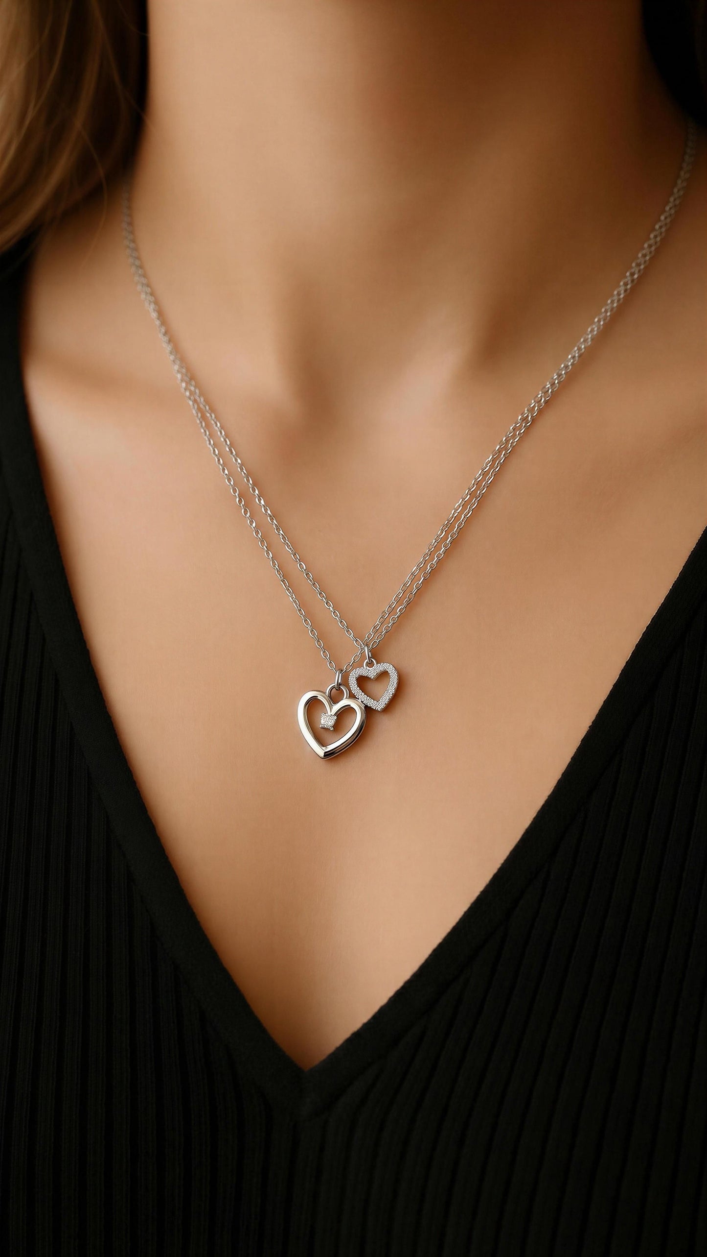 Silver Double Chain Heart Diamante Necklace