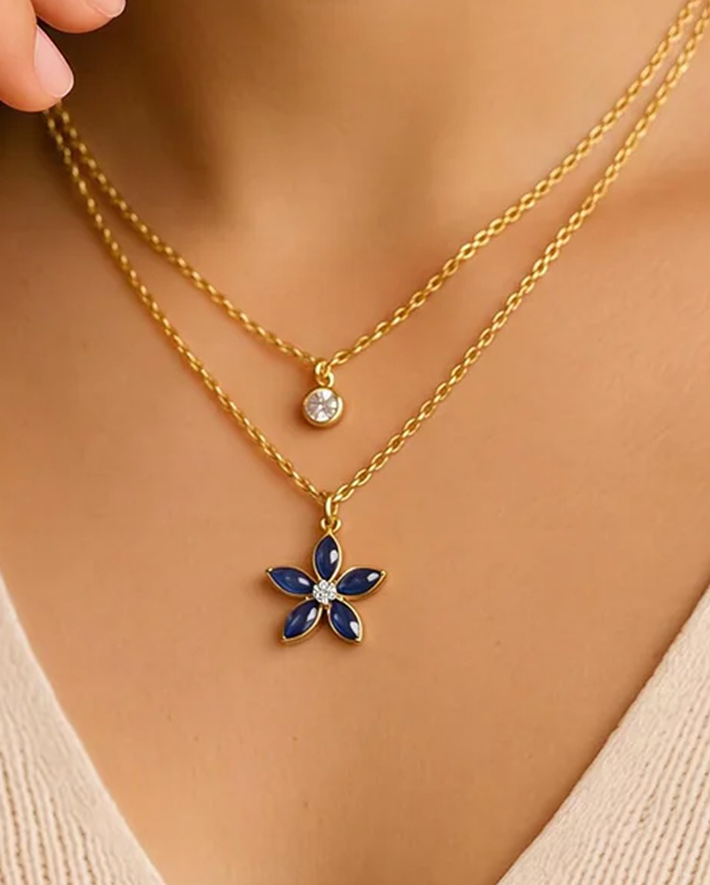 Gold Clear & Blue Diamante Flower Layered Necklace
