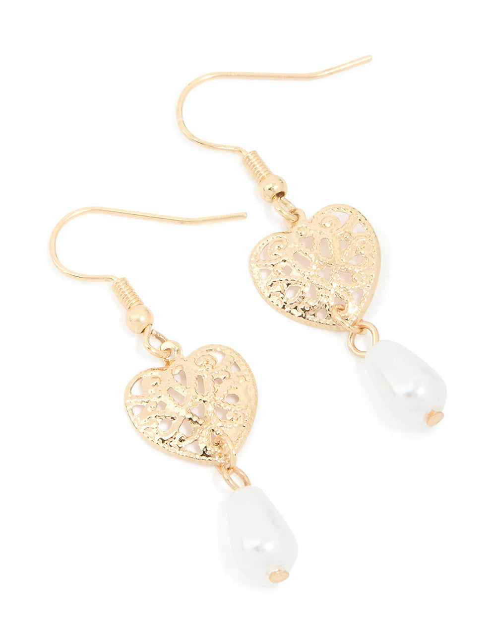 Gold Pearl & Filigree Heart Drop Earrings