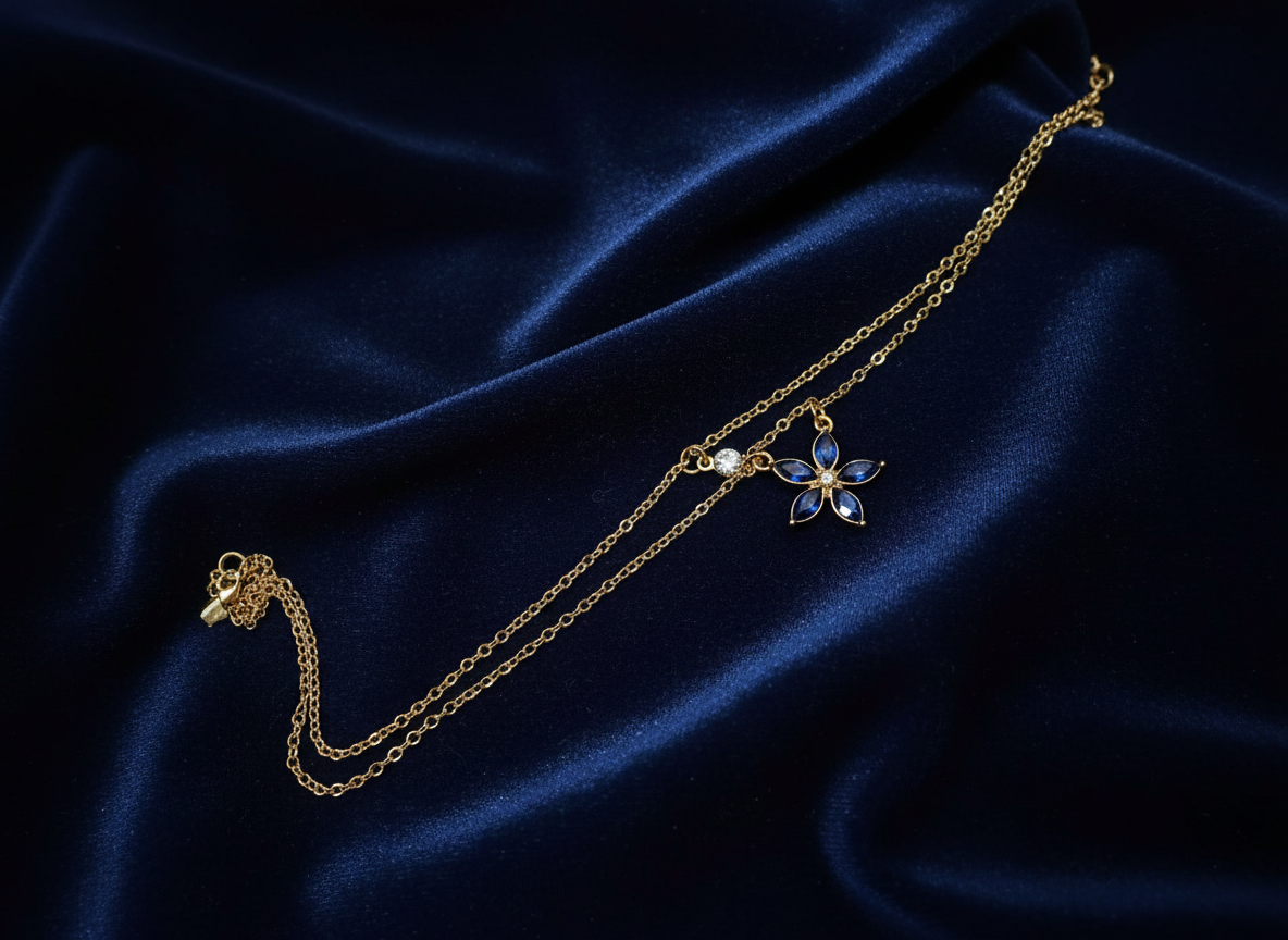 Gold Clear & Blue Diamante Flower Layered Necklace