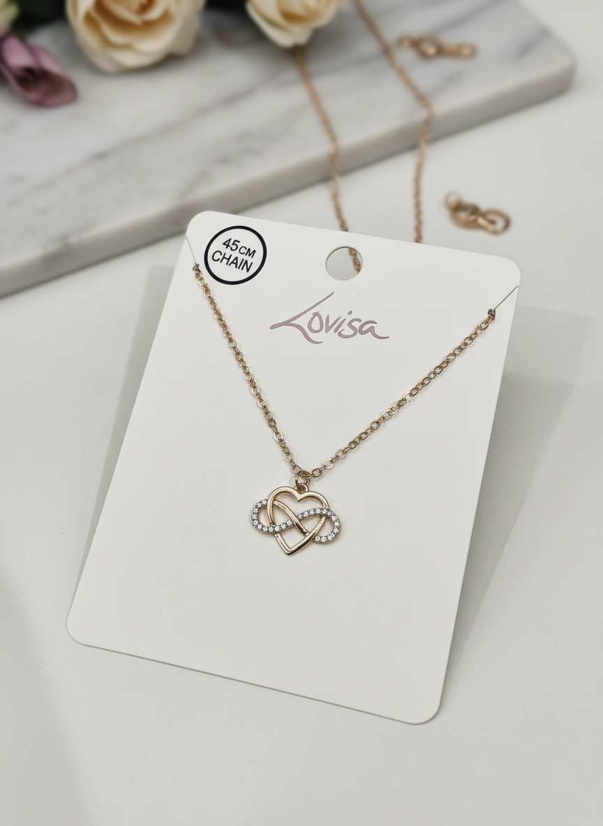 Gold Diamante Open Heart Infinity Pendant Necklace