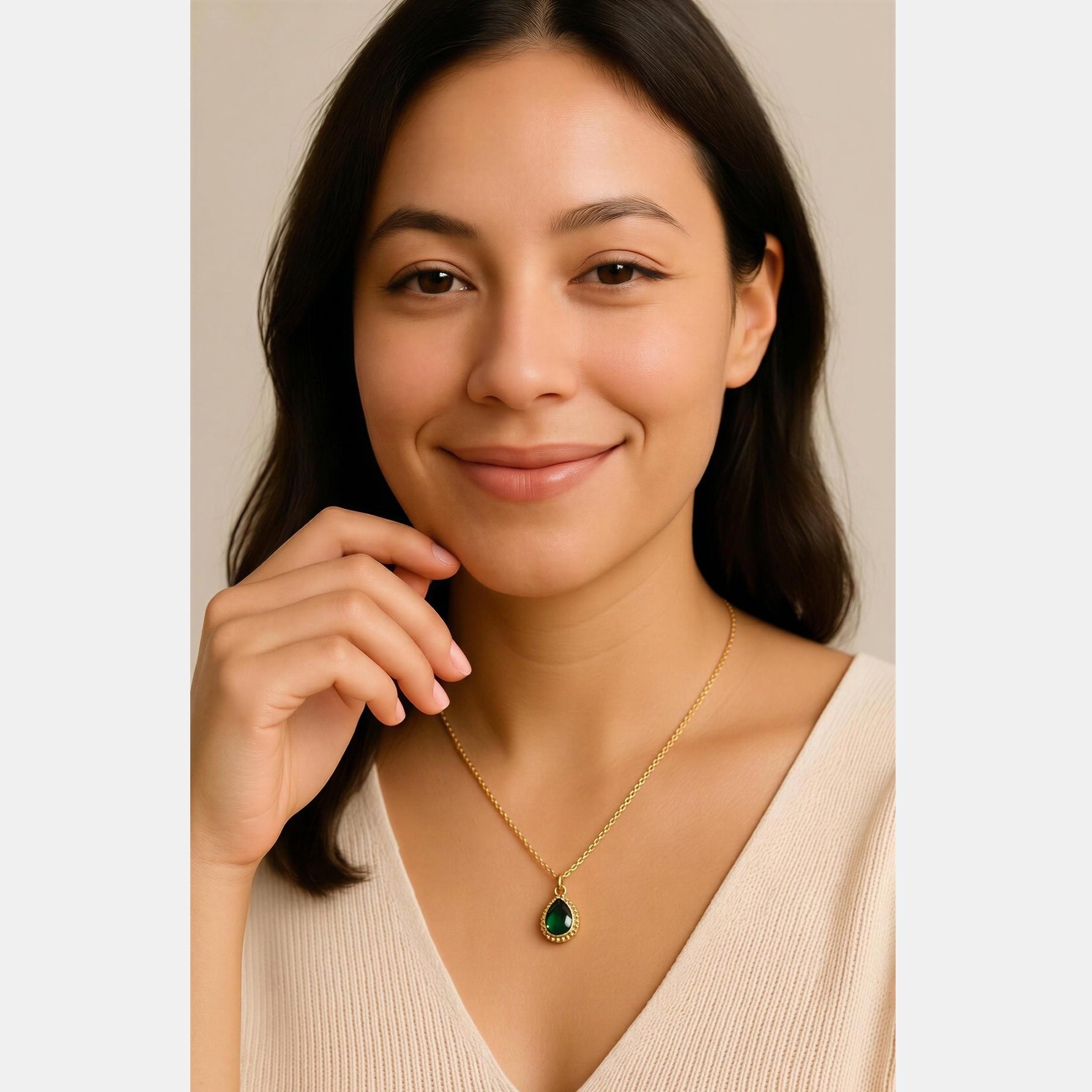 Gold Green Diamante Teardrop Pendant Necklace