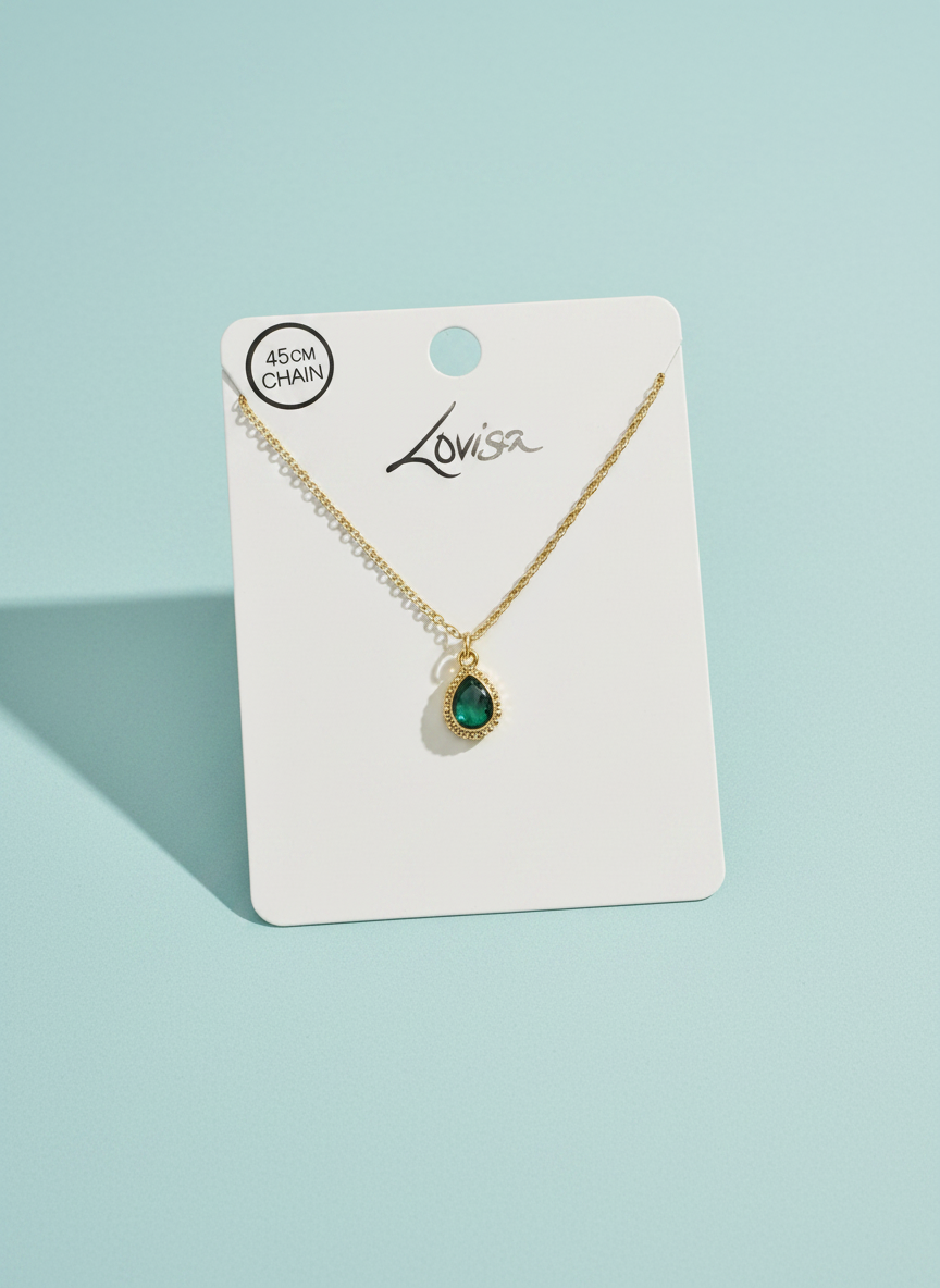 Gold Emerald Diamante teardrop Pendant Necklace