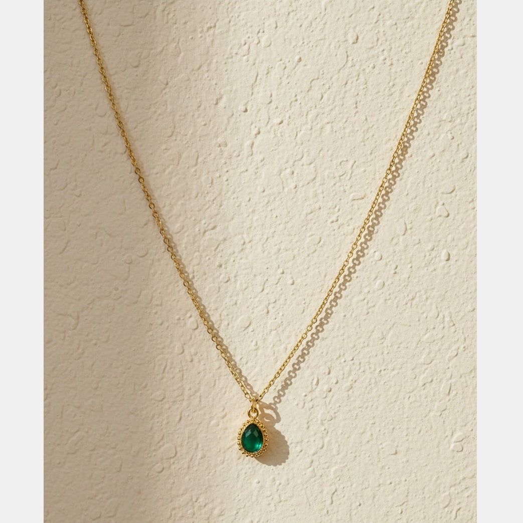 Gold Green Diamante Teardrop Pendant Necklace