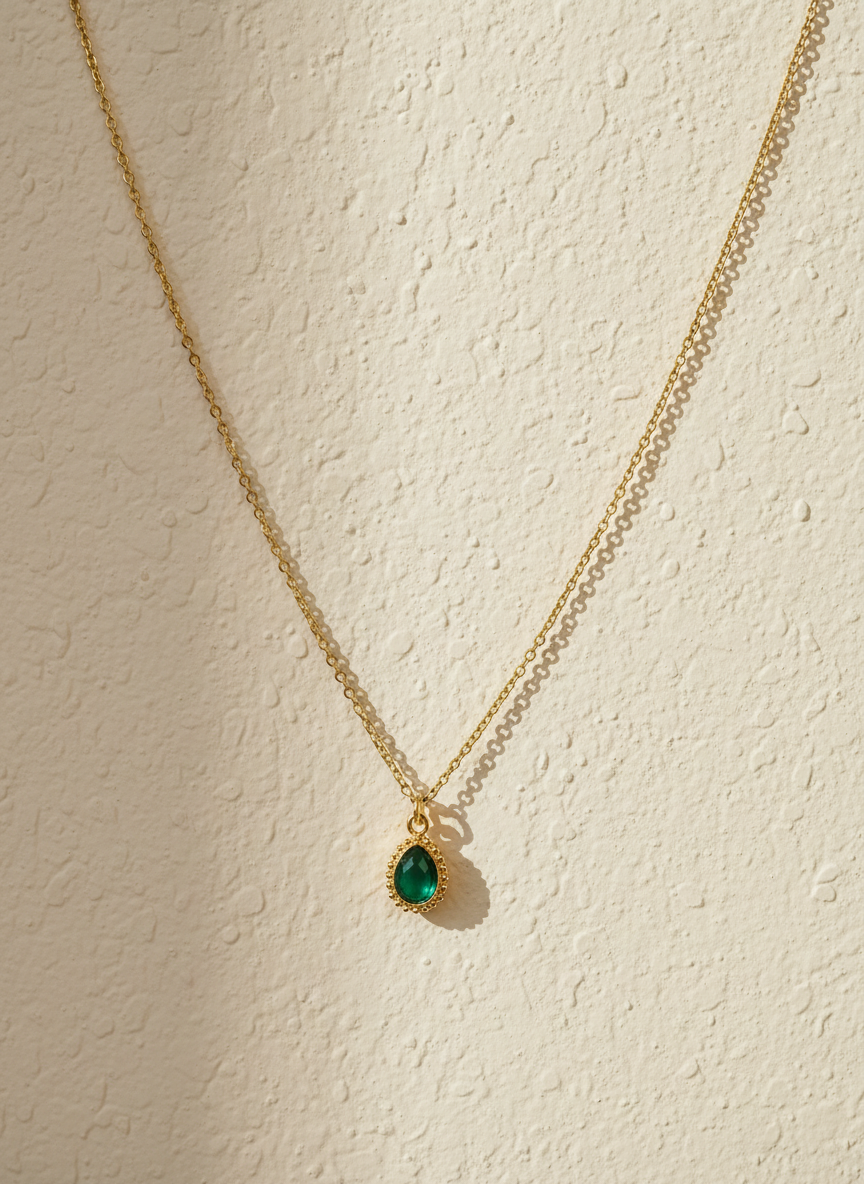 Gold Emerald Diamante teardrop Pendant Necklace