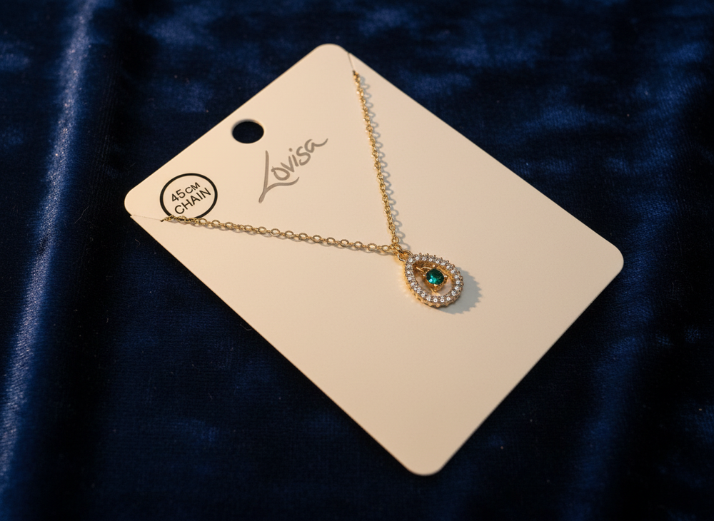 Gold Green Diamante Teardrop Pendant Necklace