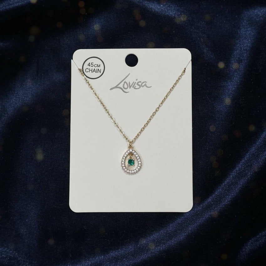 Gold Emerald Diamante Teardrop Pendant Necklace