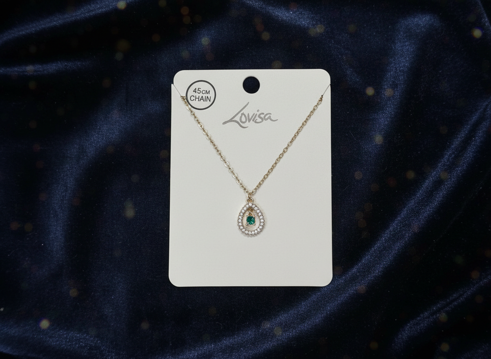 Gold Green Diamante Teardrop Pendant Necklace