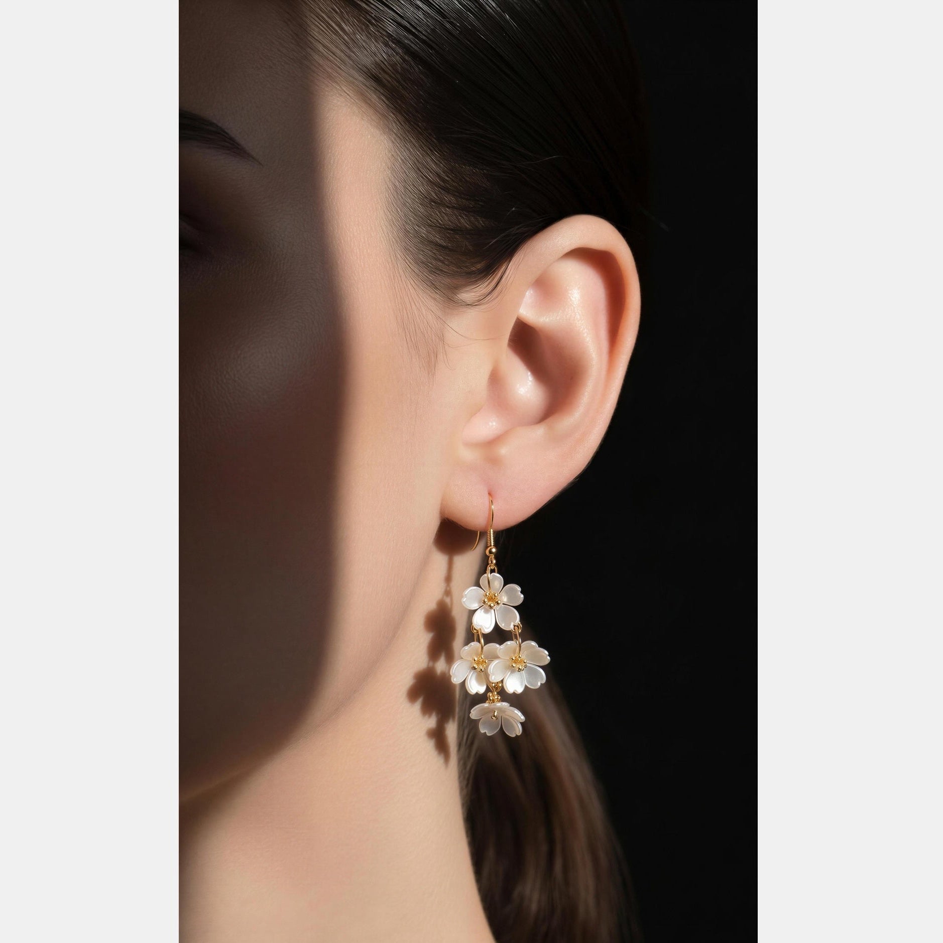Gold Pearl Flower Vine Drop Earrings