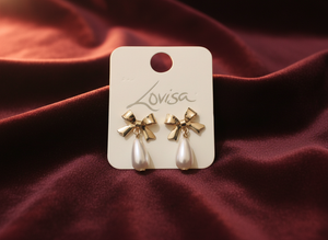 Gold Pearl & Bow Drop Stud Earrings