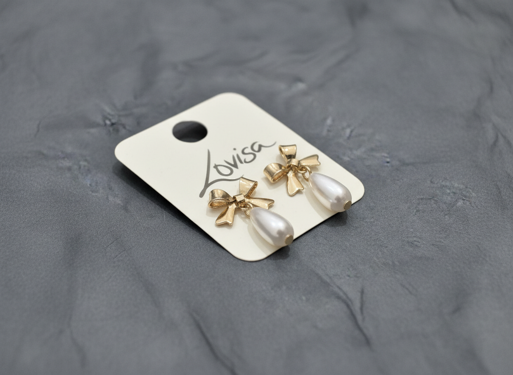 Gold Pearl & Bow Drop Stud Earrings