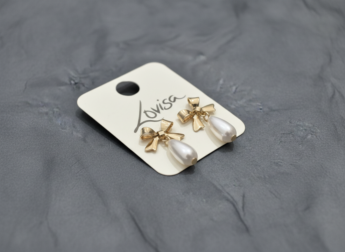 Gold Pearl & Bow Drop Stud Earrings