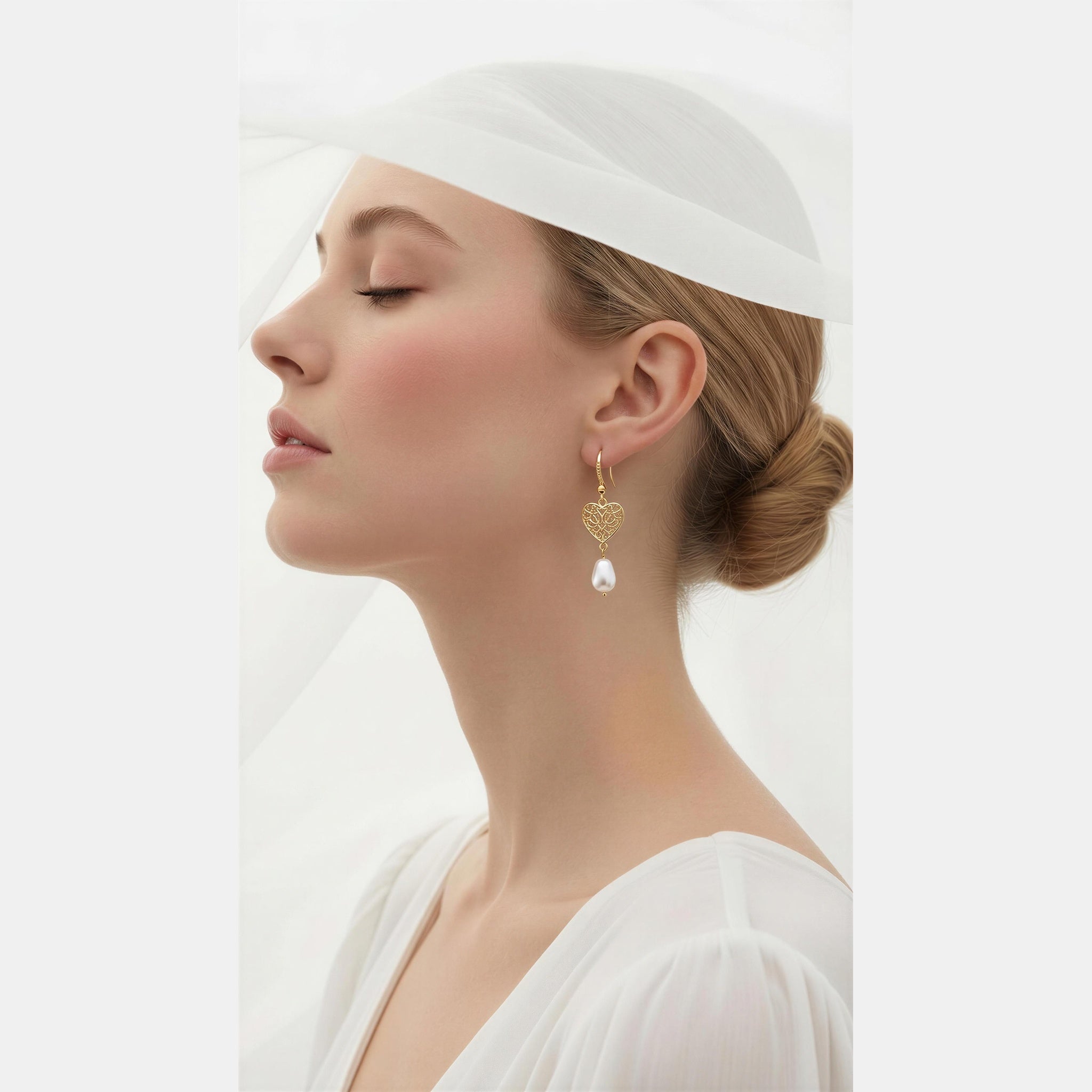 Gold Pearl & Filigree Heart Drop Earrings