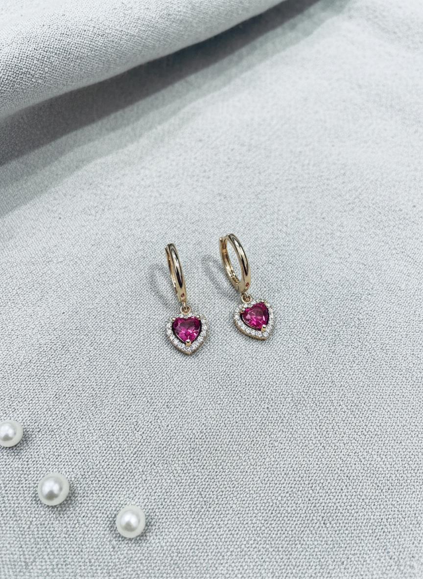 Gold Pink Cubic Zirconia Encased Heart Huggie Earrings 2