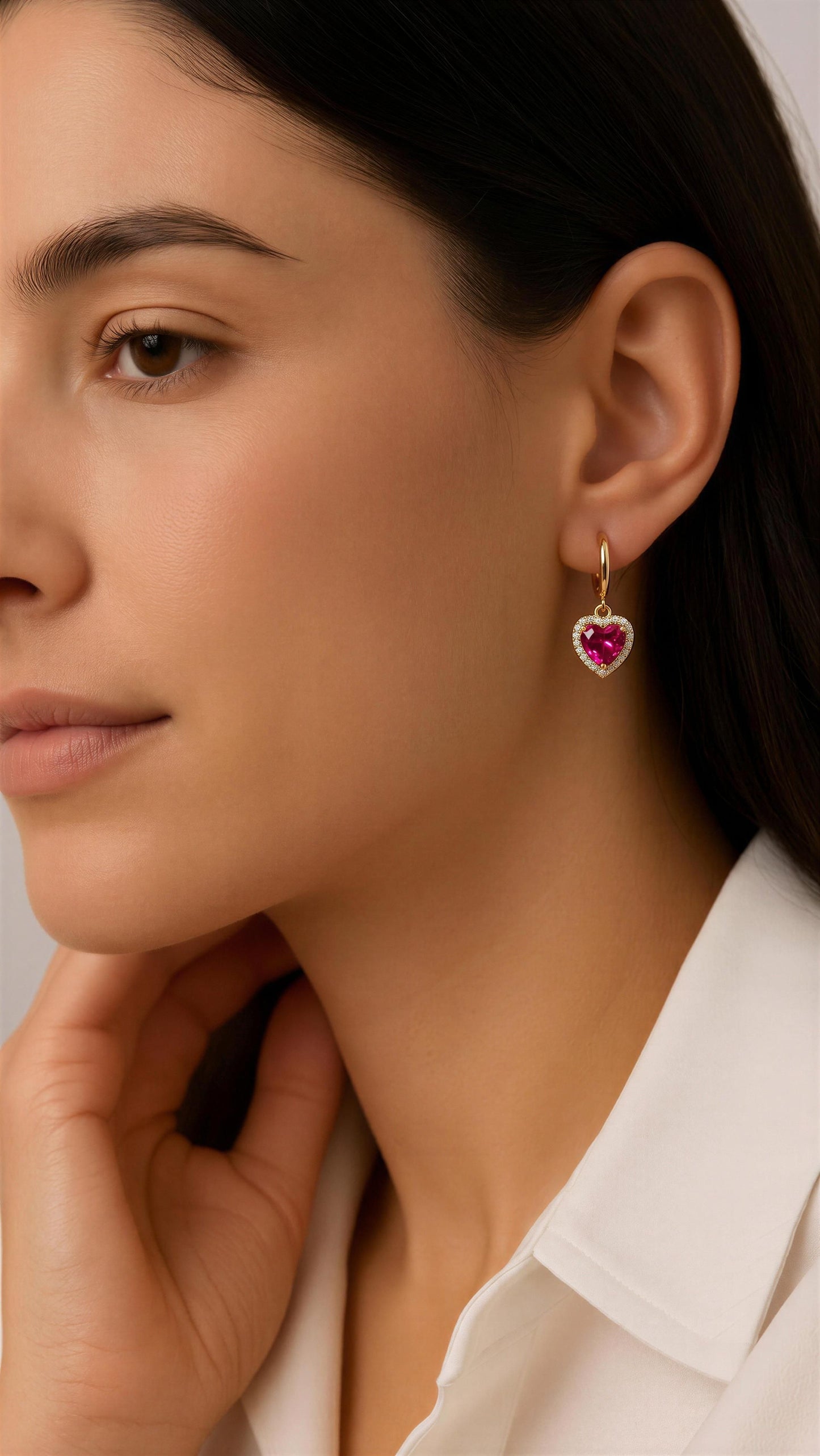 Gold Pink Cubic Zirconia Encased Heart Huggie Earrings 2