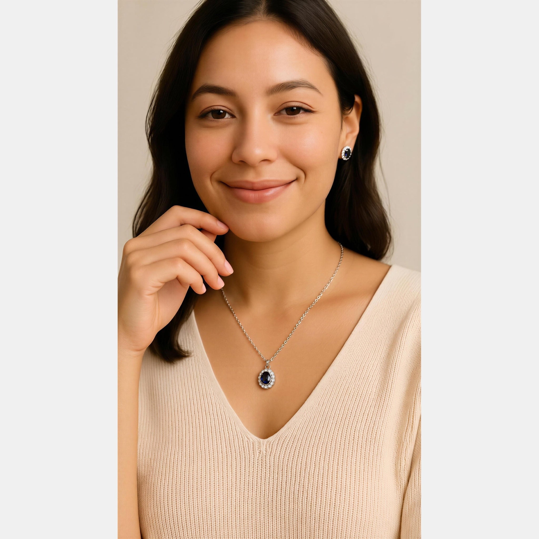 Gold Sapphire Diamante Round Pendant Necklace