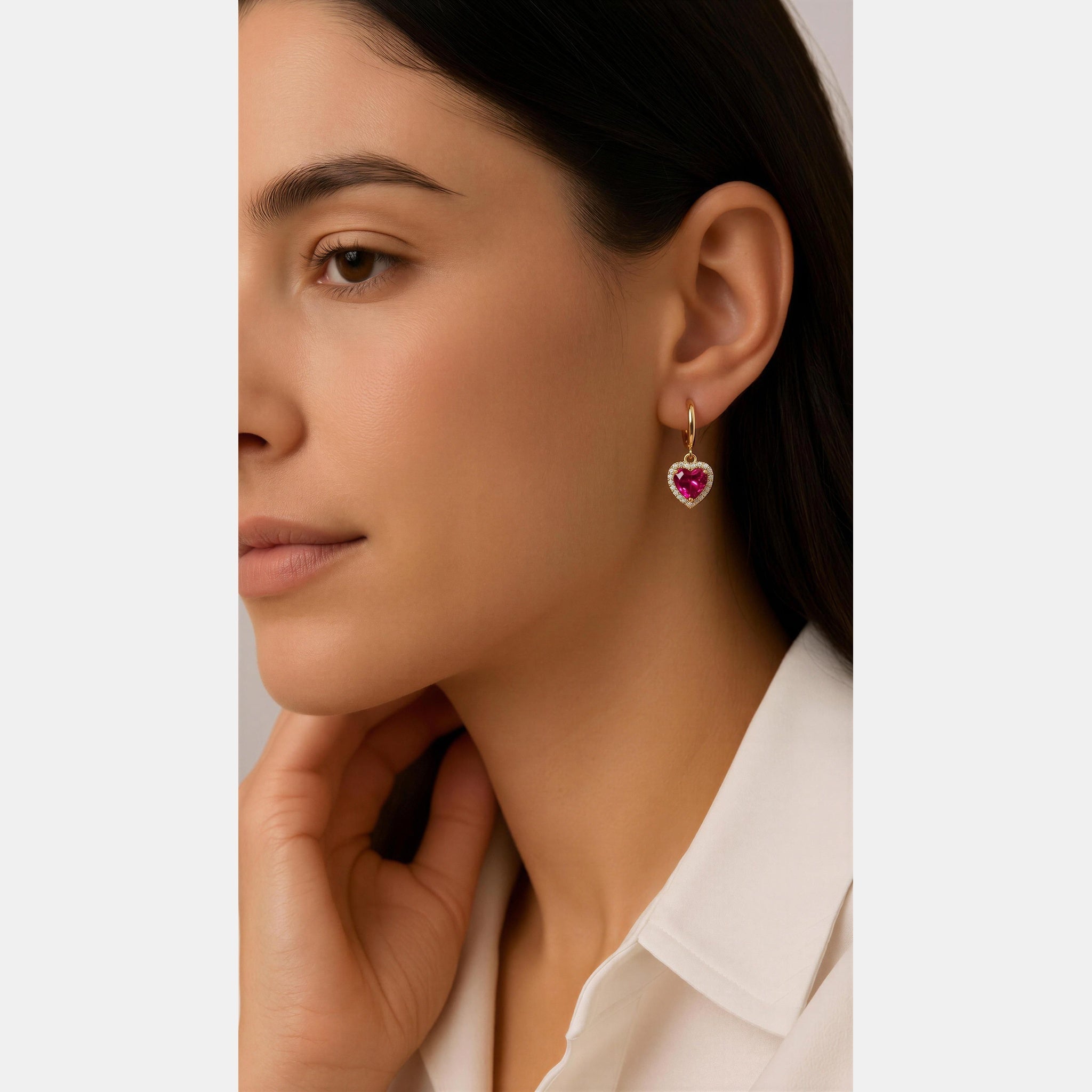 Gold Pink Cubic Zirconia Encased Heart Huggie Earrings by Lovisa