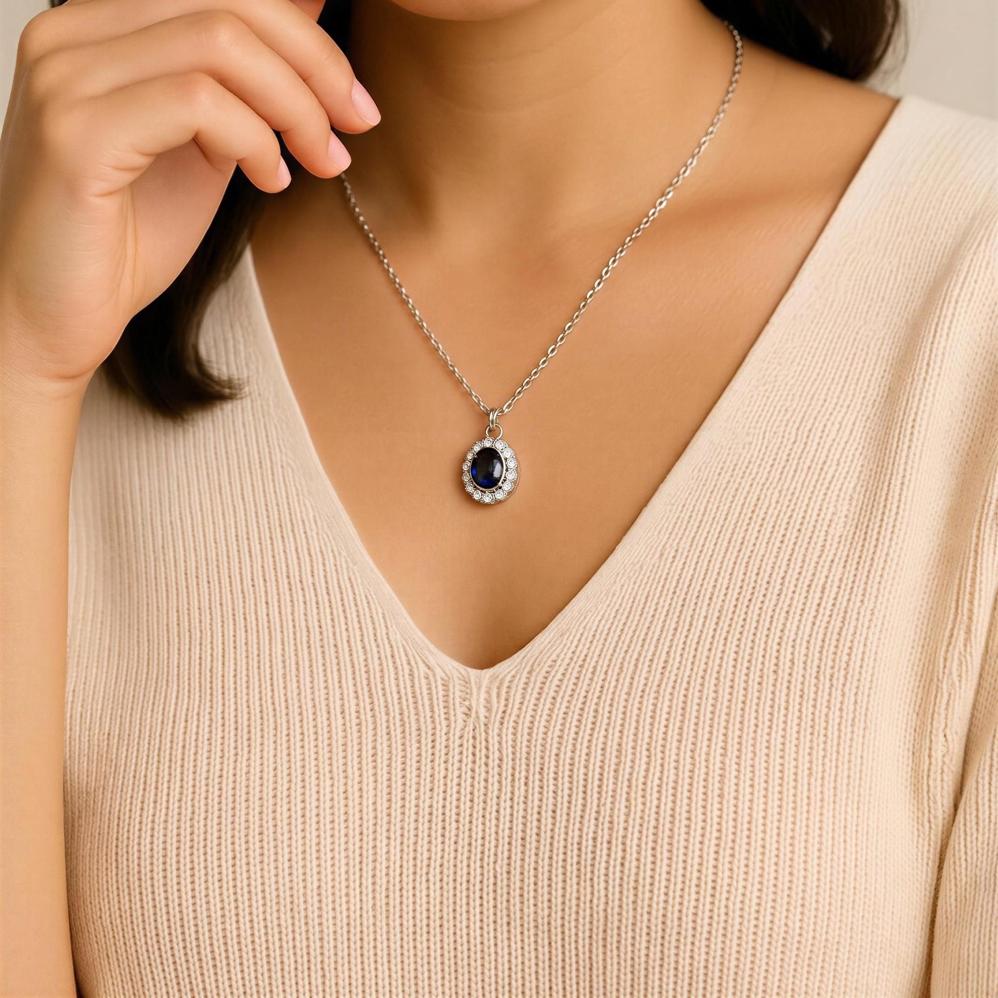 Gold Sapphire Diamante Round Pendant Necklace
