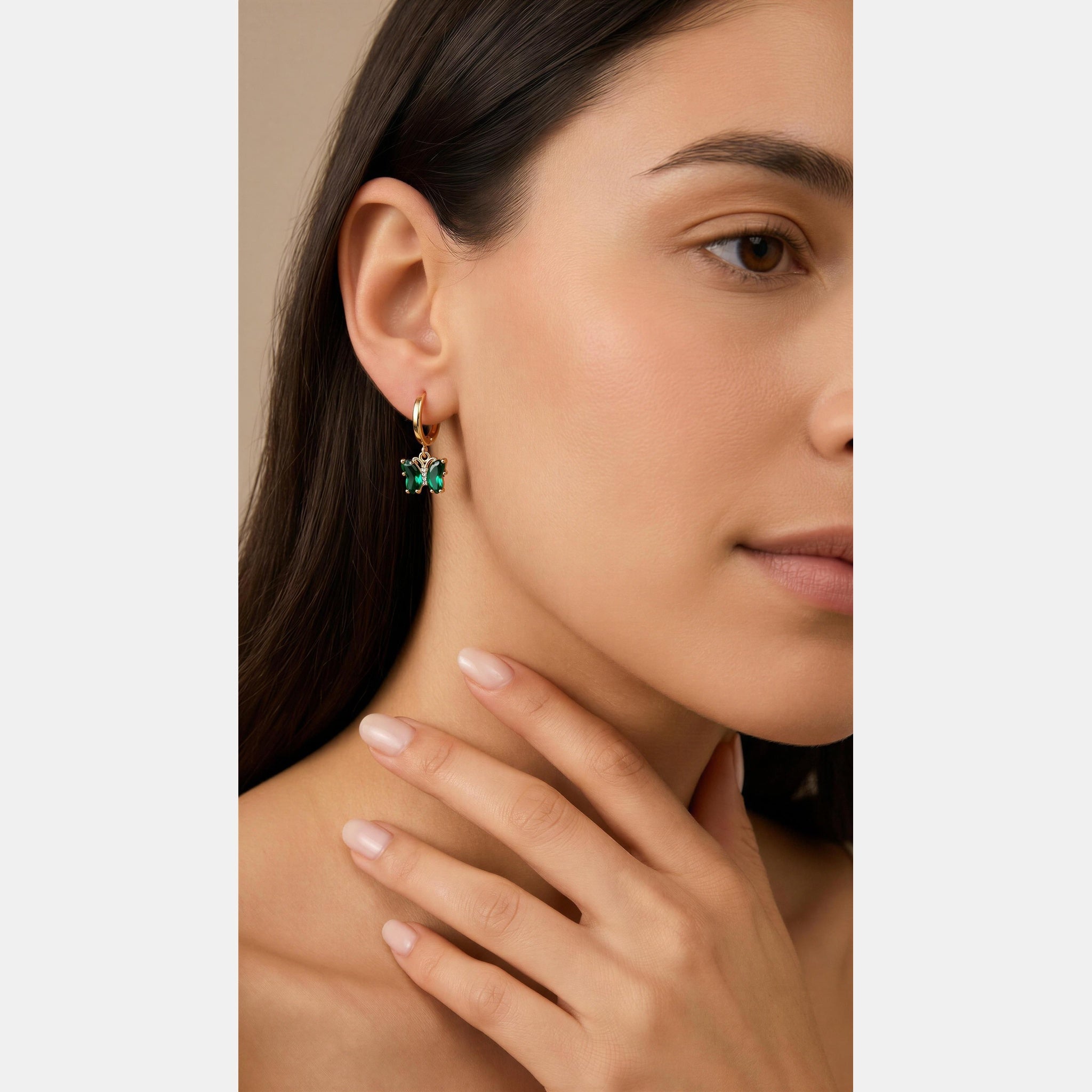 Gold Plated Sterling Silver Green Cubic Zirconia Butterfly Earrings by Lovisa