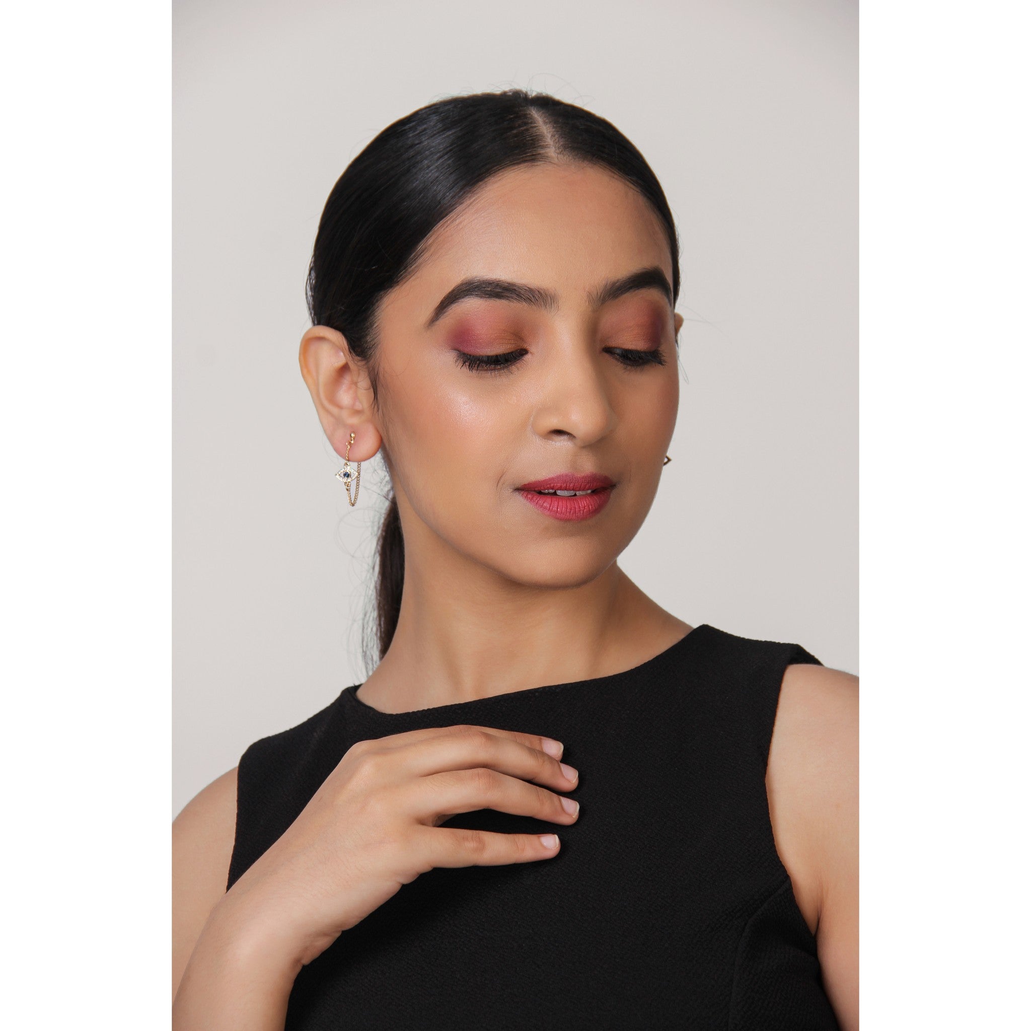 Balabooste Earrings from Paris - Pair of Black beed hanging and Green with white stone eye shape hanging