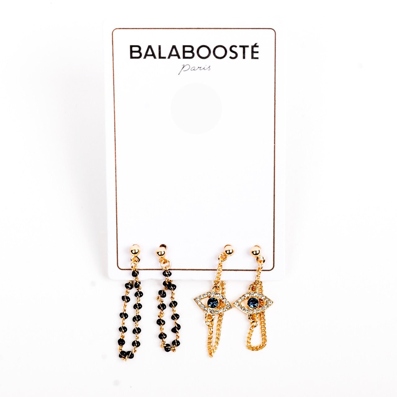Balabooste Earrings from Paris - Pair of Black beed hanging and Green with white stone eye shape hanging