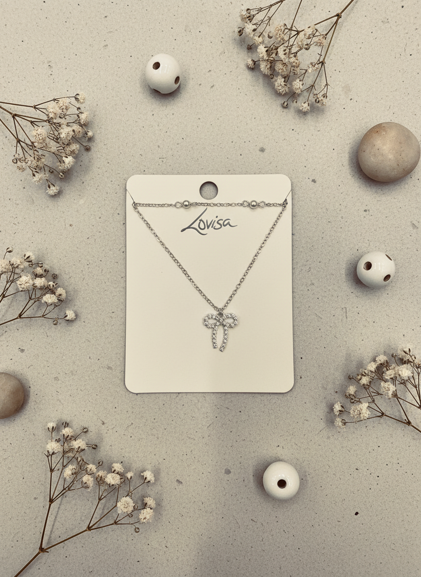 Silver Diamante Dainty Bow Necklace