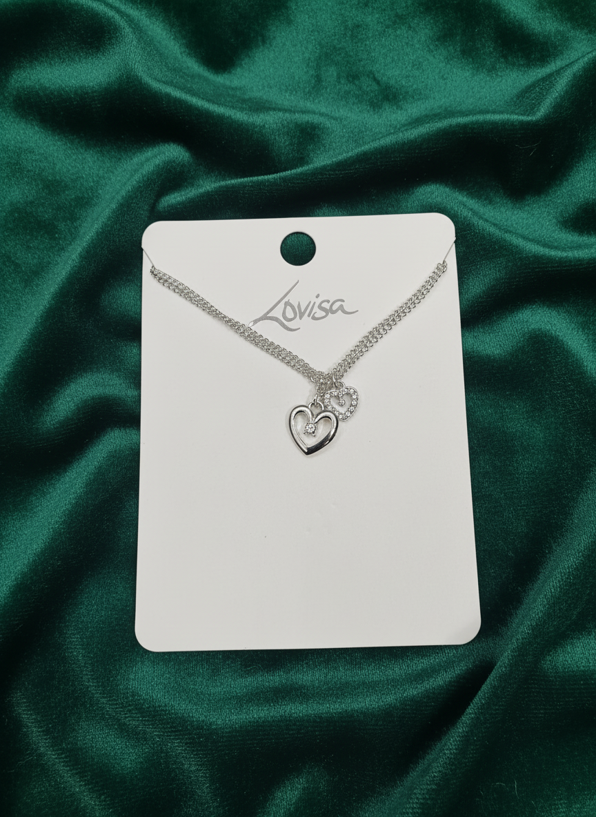 Silver Double Chain Heart Diamante Necklace
