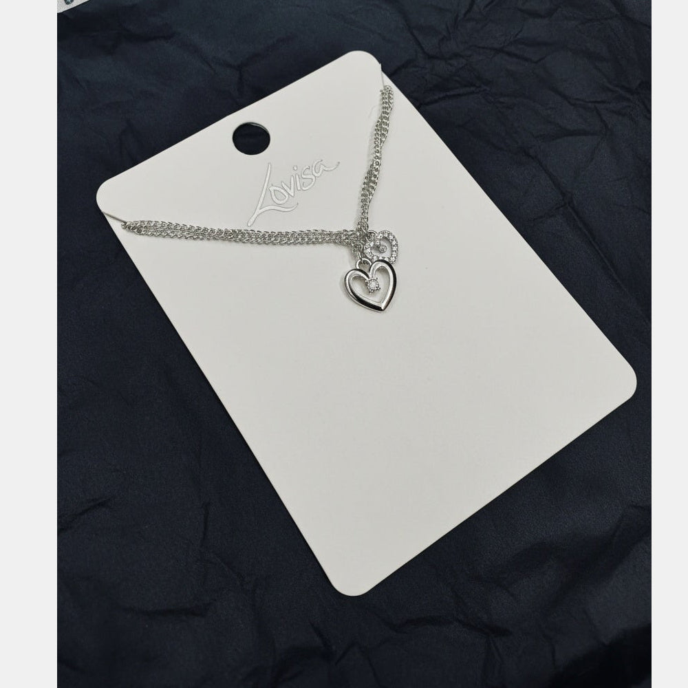 Silver Double Chain Heart Diamante Necklace