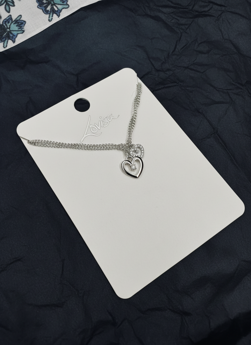 Silver Double Chain Heart Diamante Necklace