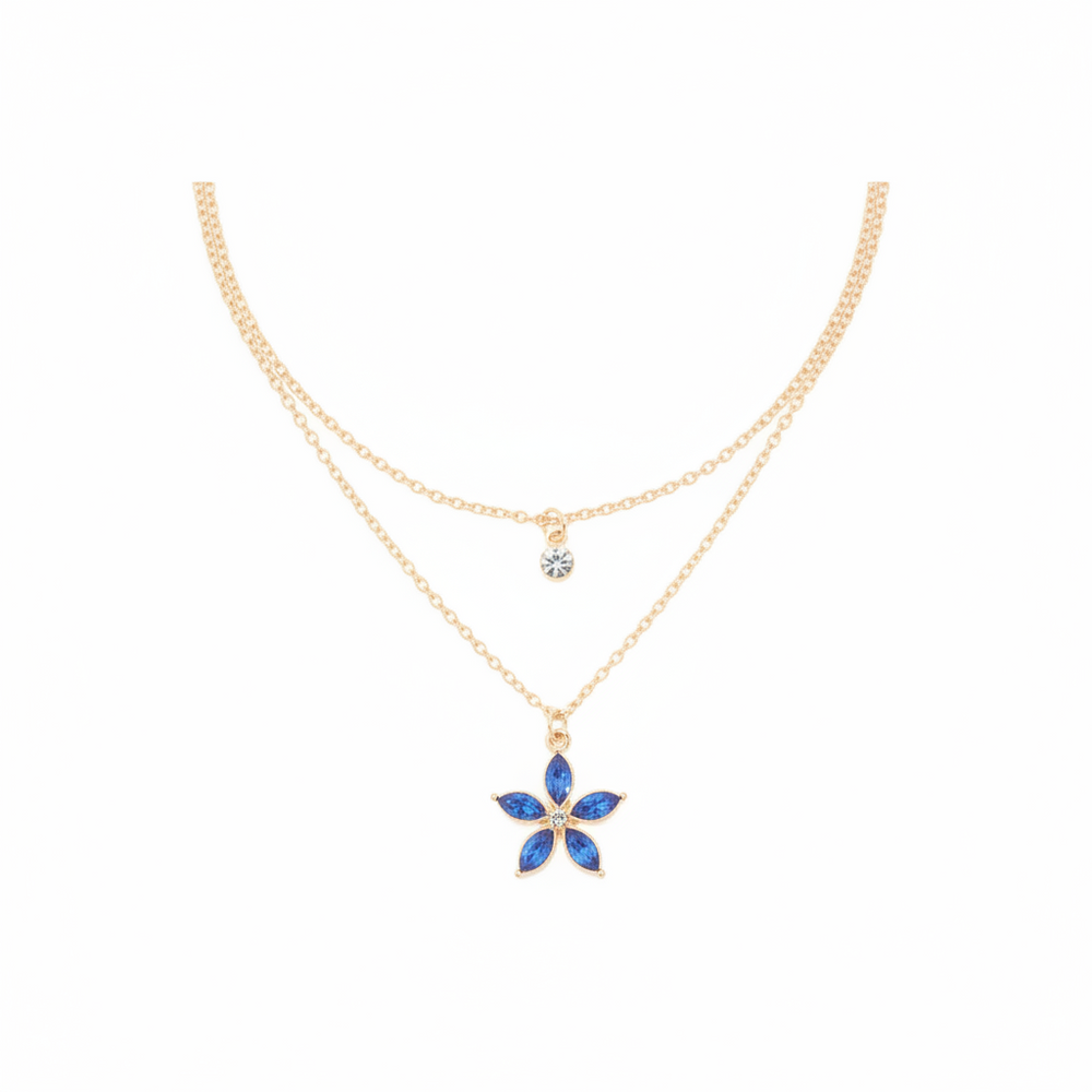 Gold Clear & Blue Diamante Flower Layered Necklace