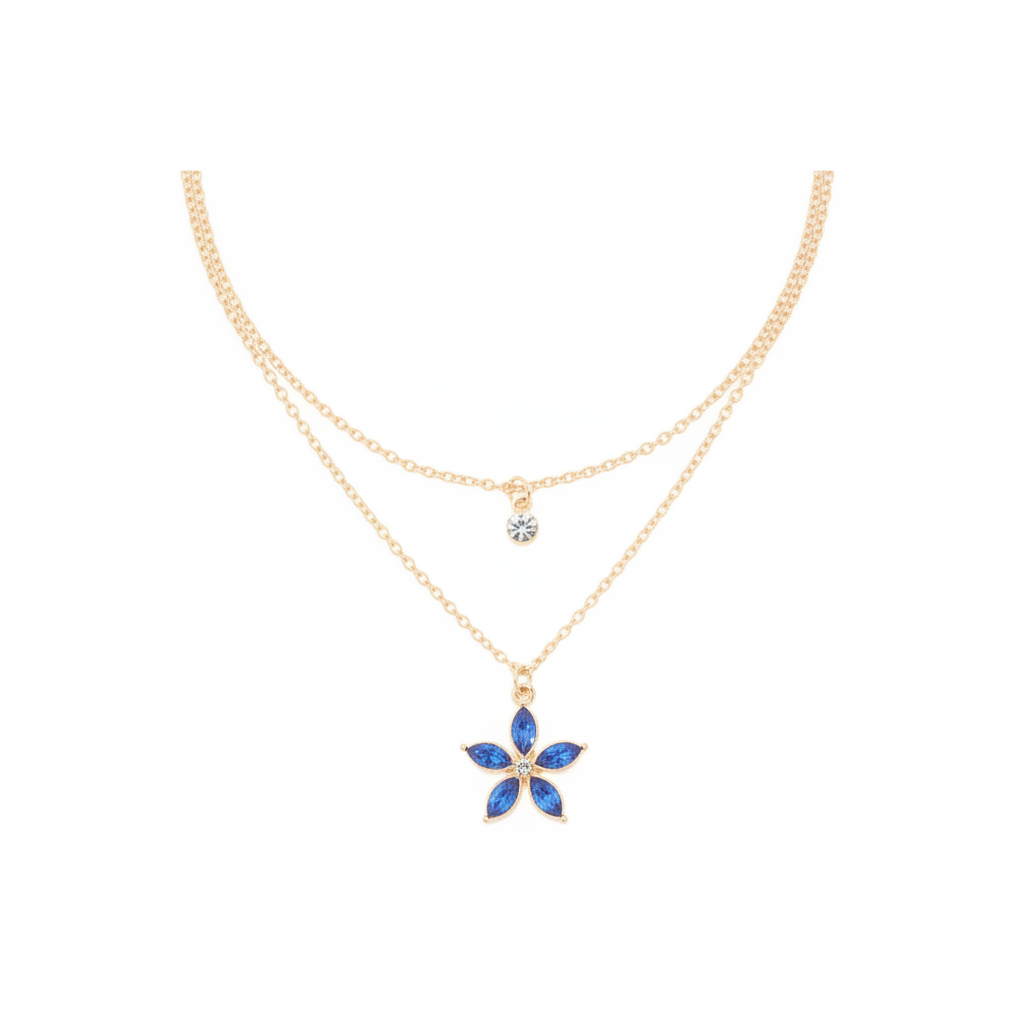 Gold Clear & Blue Diamante Flower Layered Necklace