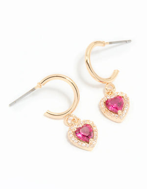 Gold Pink Cubic Zirconia Encased Heart Huggie Earrings 2