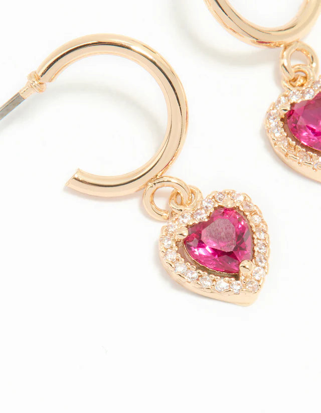 Gold Pink Cubic Zirconia Encased Heart Huggie Earrings 2